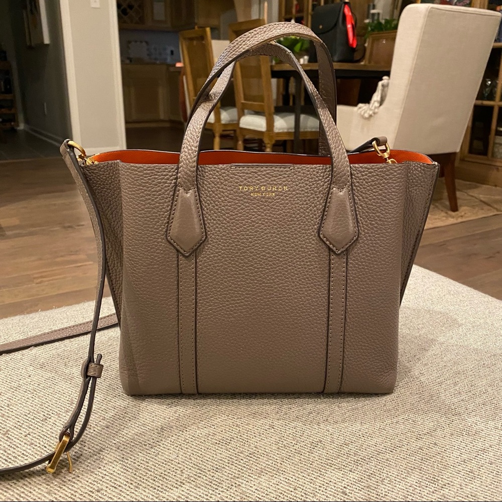 Tory Burch Gray Pebbled Leather Crossbody Purse with Orange Interior